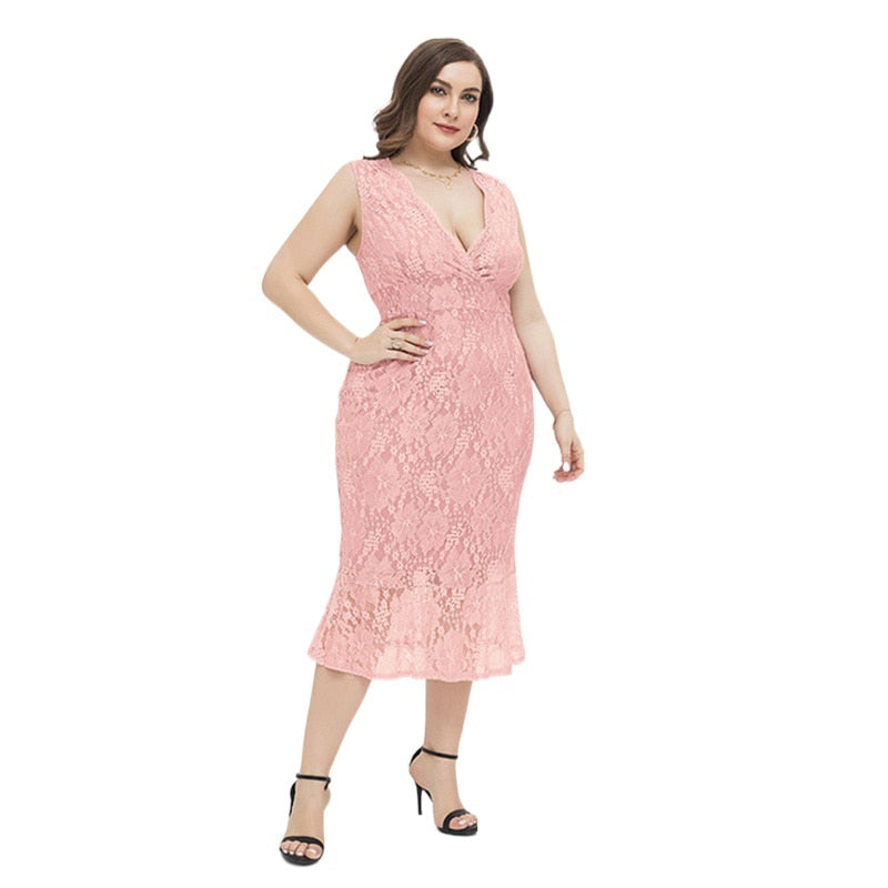 Lace Pink Print Pattern Calf Length Sleeveless Dress