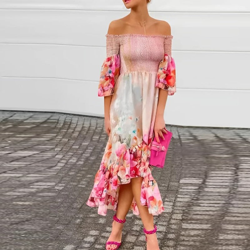 Lotus Sleeve Off-Shoulder Printed Pleated Dress