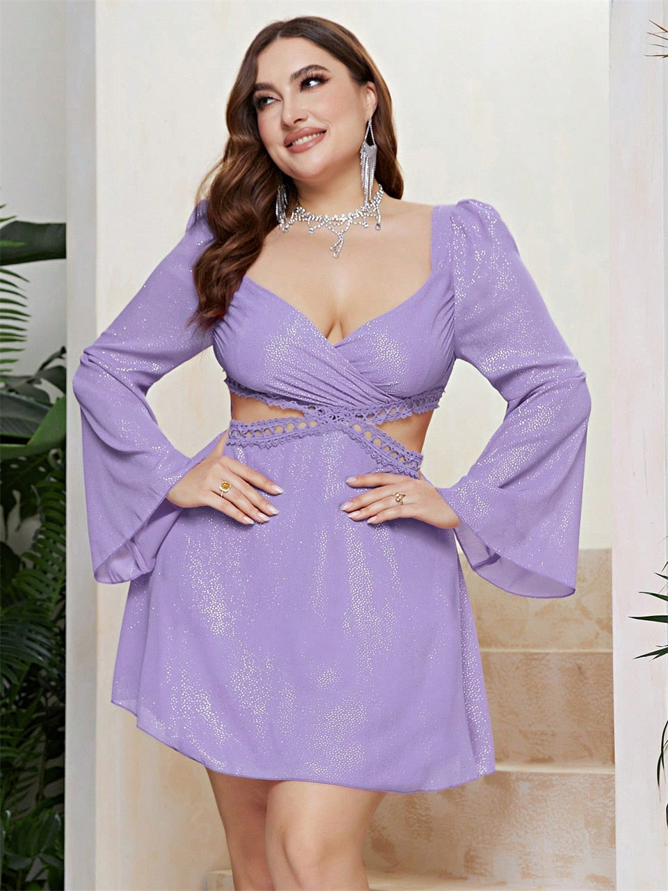 Sweetheart Neck Flounce Sleeve Cutout Waist Lace Elegant A-Line Mini Dress