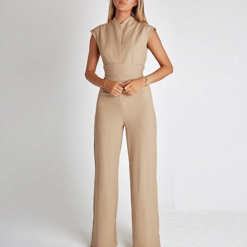 V-neck Straight Leg High Waist Waisted Casual Lace-up Jumpsuit