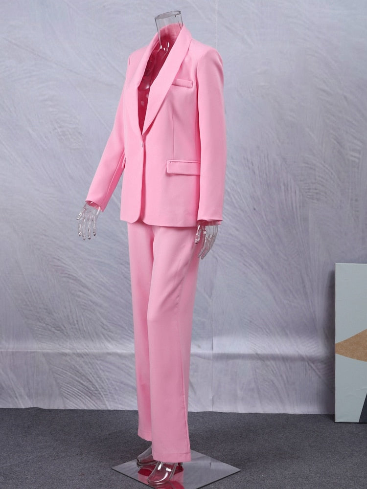 Pink Two Piece Single Breasted Long Sleeve Coat And High Waist Pants Suit