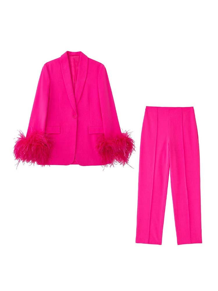 Feather Sleeve Single Button Blazer And Pant Sets