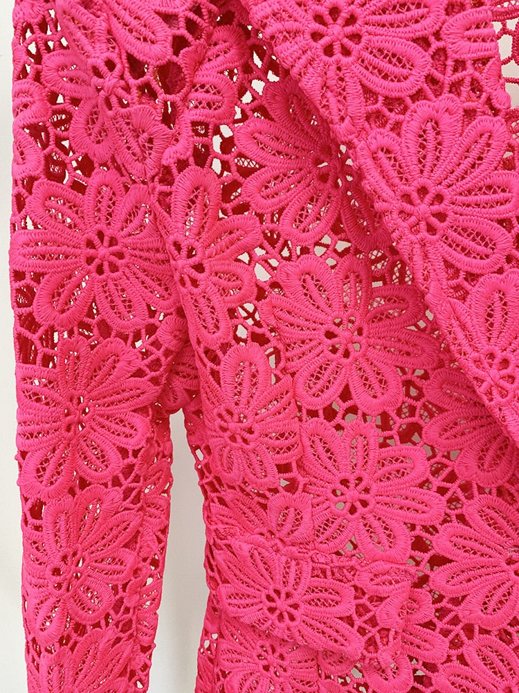 Hollow Floral Lace Single Button Blazer & Pencil Pants Two Piece Set
