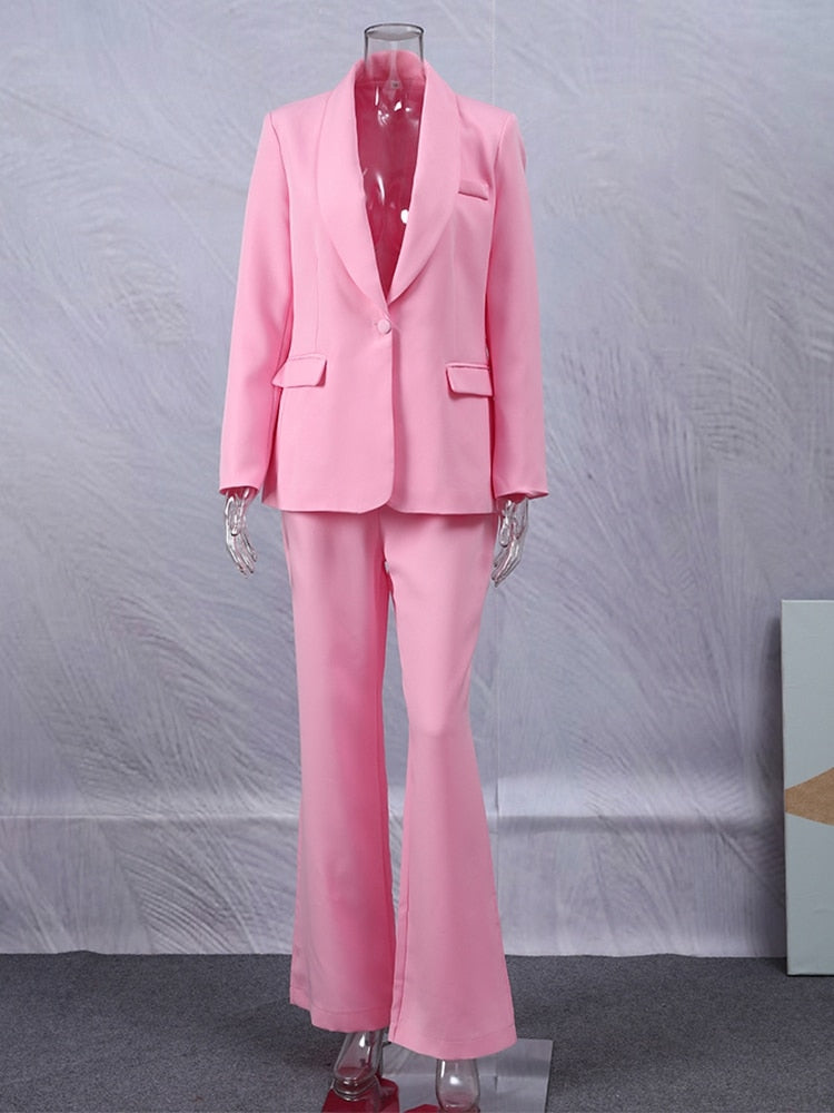 Pink Two Piece Single Breasted Long Sleeve Coat And High Waist Pants Suit