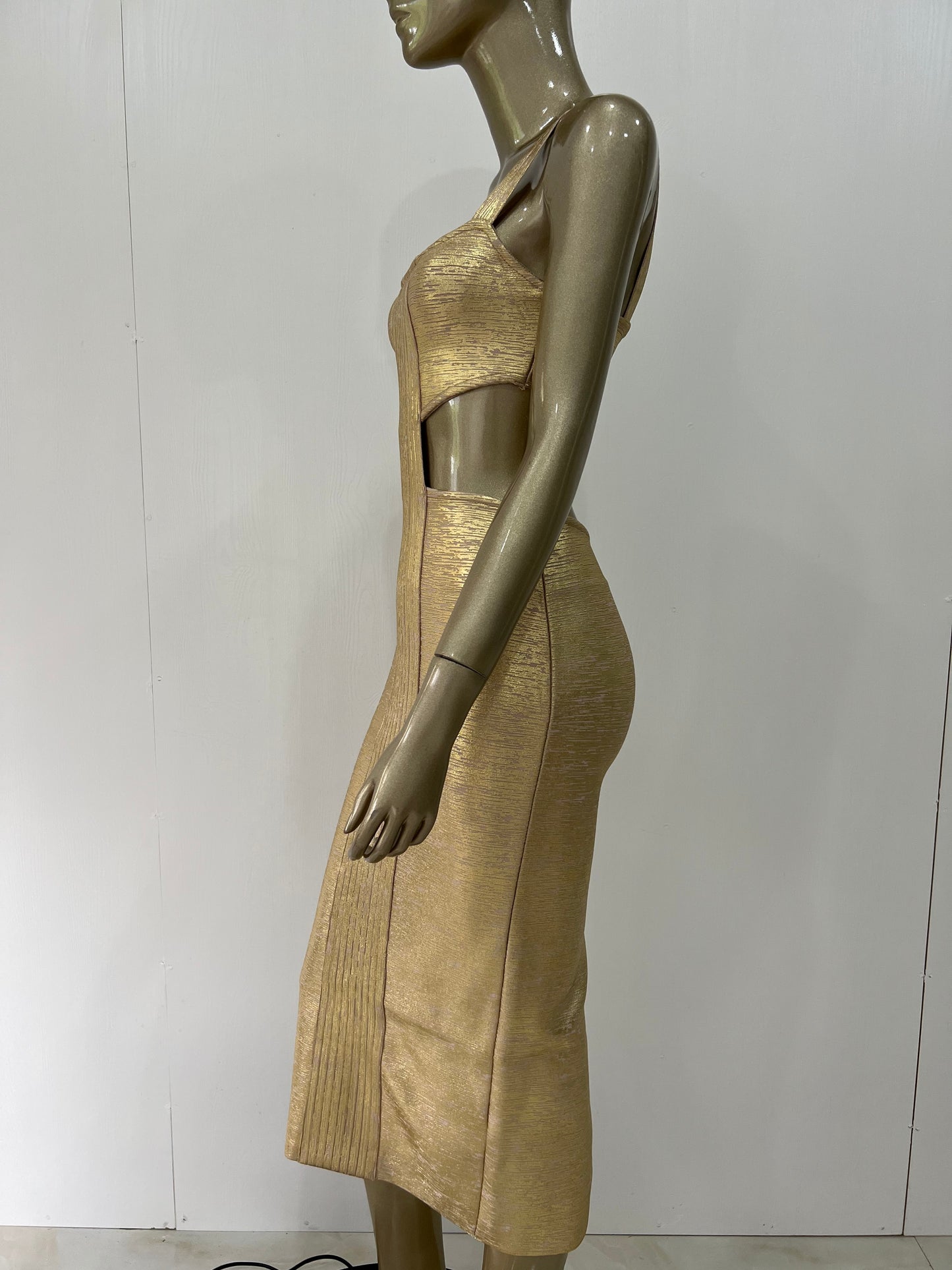 Backless Hollow Out Midi Gold Bronzing Bandage Dress