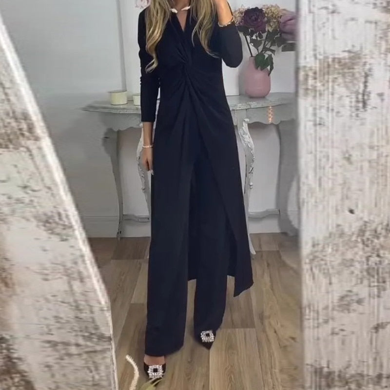 Stylish Casual Twist Draped V Neck Blouse And Pants Suit