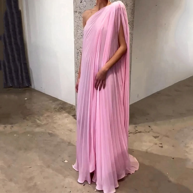 One-Shoulder Irregular Sleeve Pink Pleated Flowing Dress