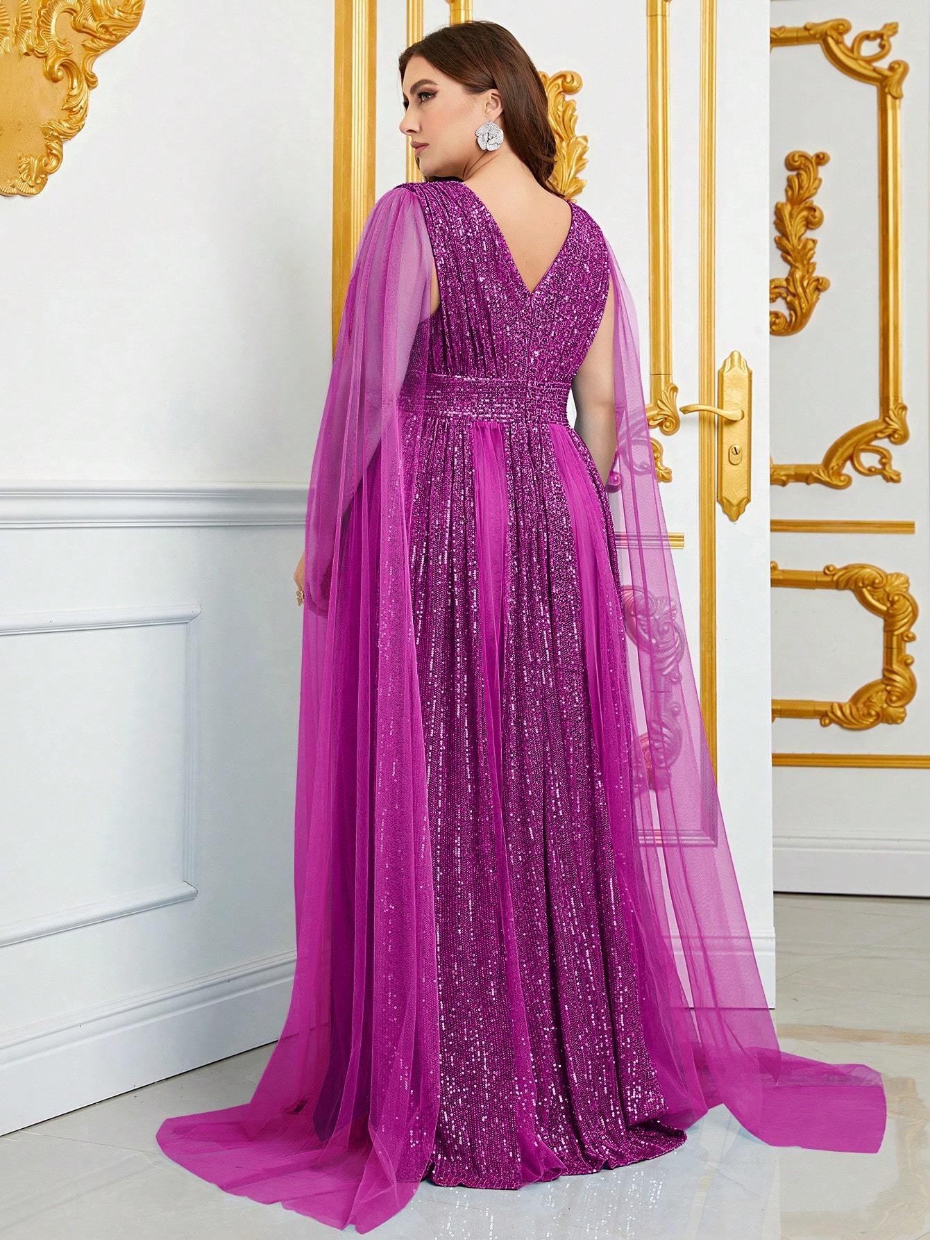 Sequin V-neck Sheer Sleeve Elegant Dress