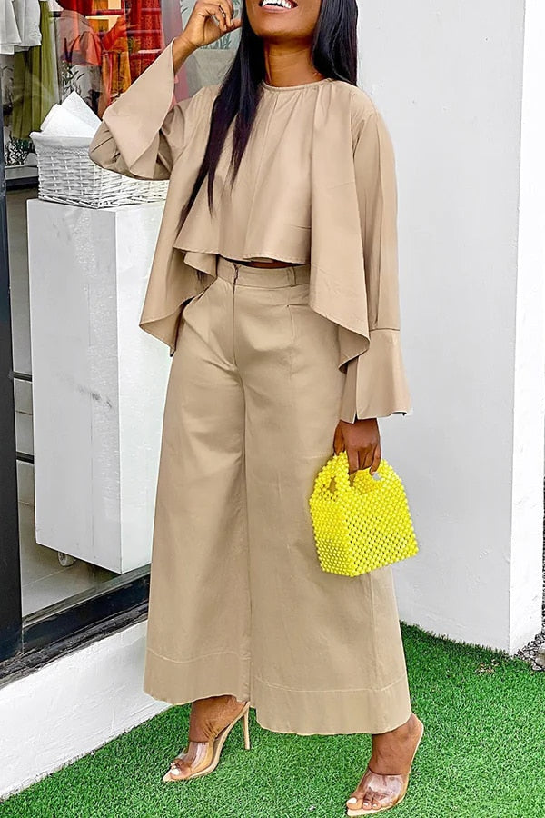 Causal Wide Leg Pants & O Neck Flare Sleeve High Low Top Pant Set
