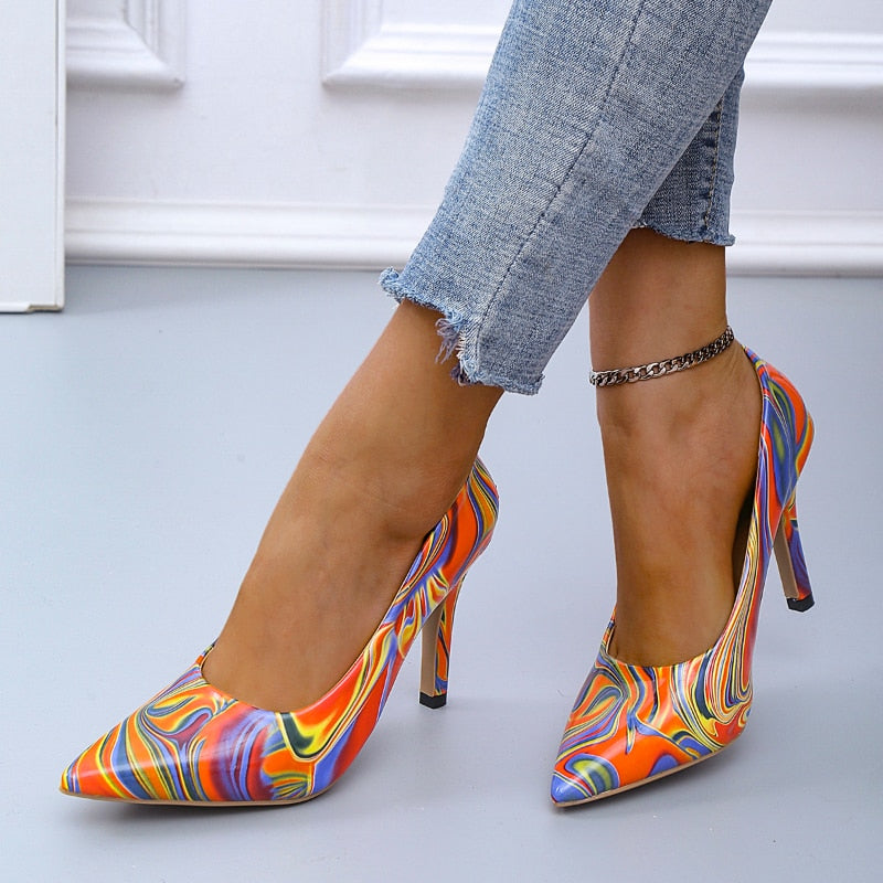 Graffiti Shallow Mouth Pointed High Heels Shoes