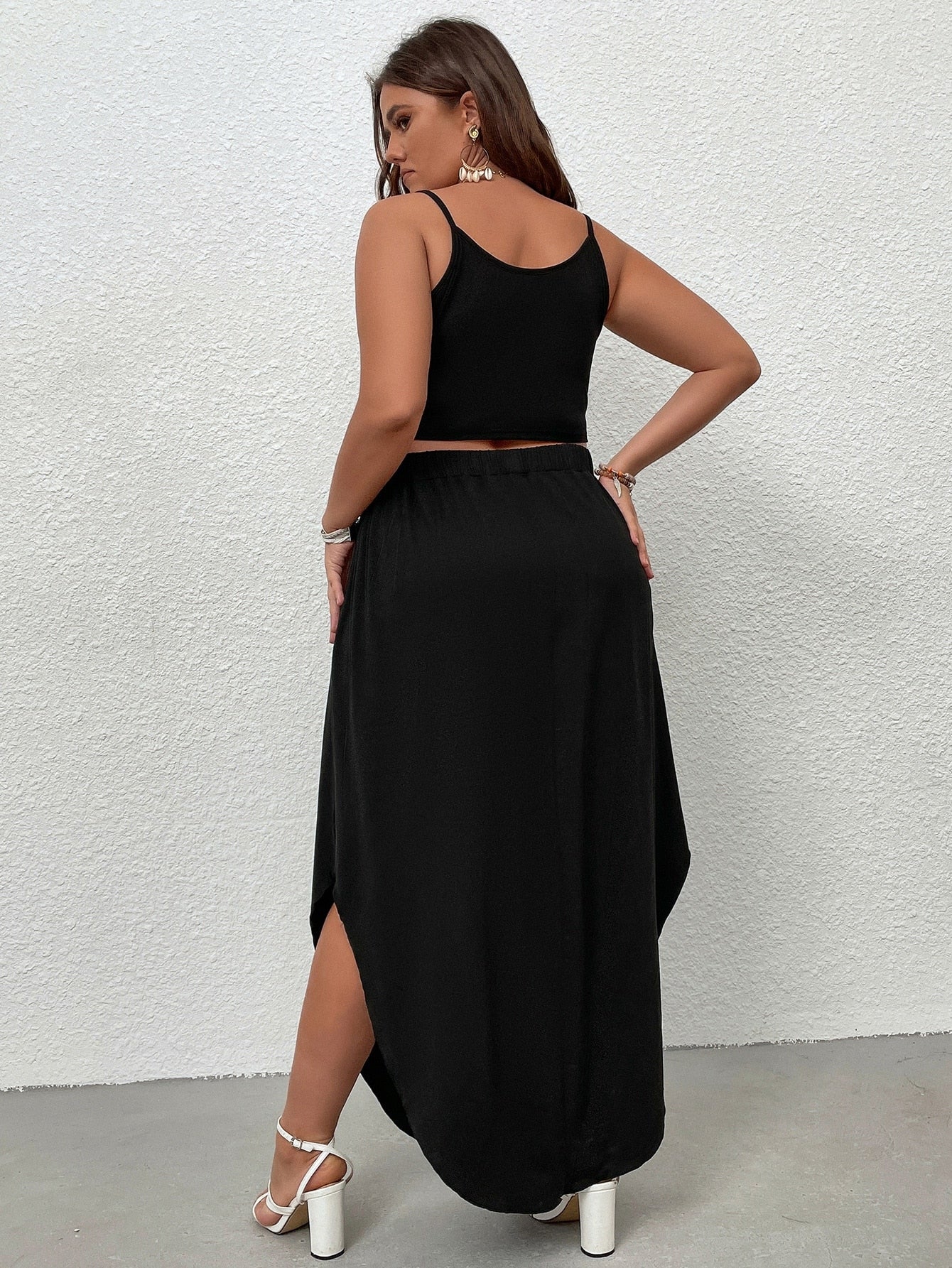 Two-Piece Sleeveless Black Love Letter Print Elastic Waist Vintage Skirt Set