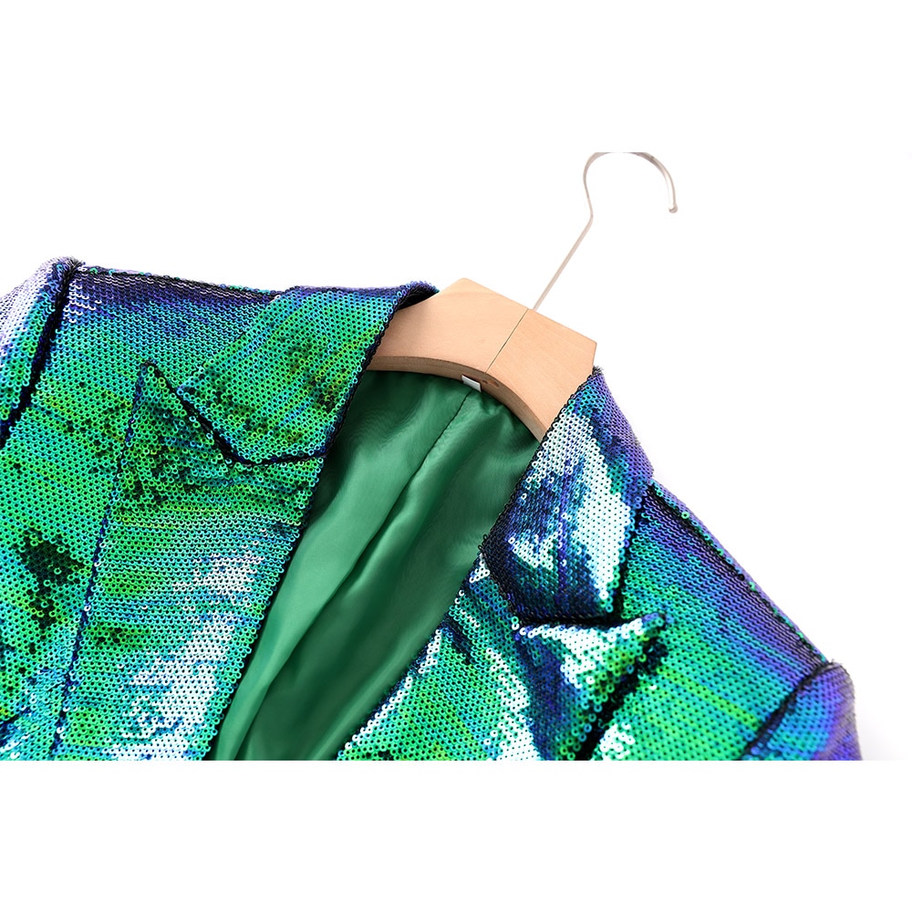 Sequin Dark Green  Two-Piece Blazer Short Sets