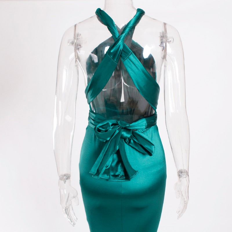 Deep V-Neck Sleeveless Floor Length Satin Open Back Tie-straps Dress