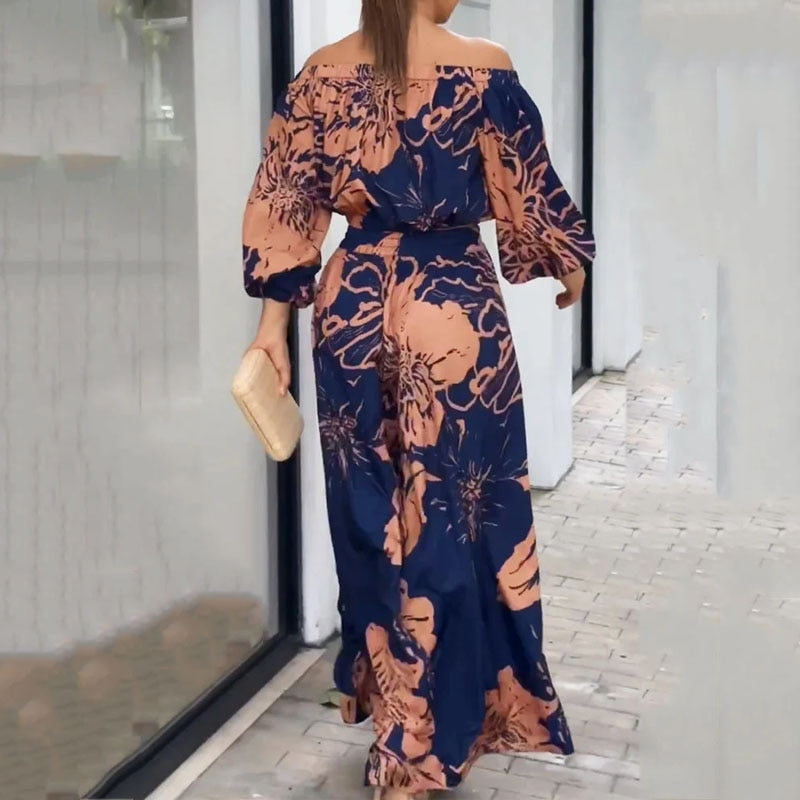 Two Piece Printed Off Shoulder Lantern Sleeve Top And Loose Wide Leg Pants Set