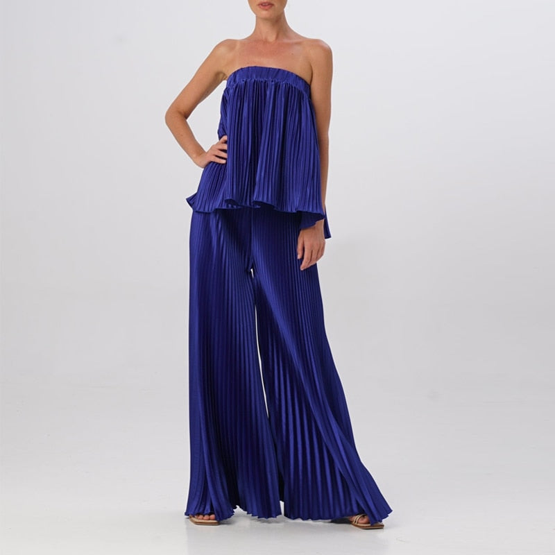 Off Shoulder Strapless Tops With Large Flared Wide Leg Pant Pleated Set