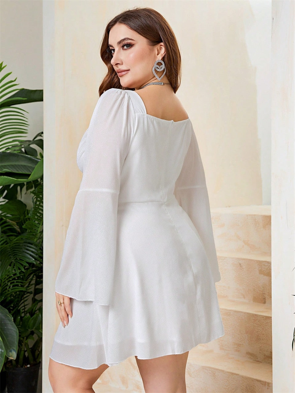 Sweetheart Neck Flounce Sleeve Cutout Waist Lace Elegant A-Line Mini Dress