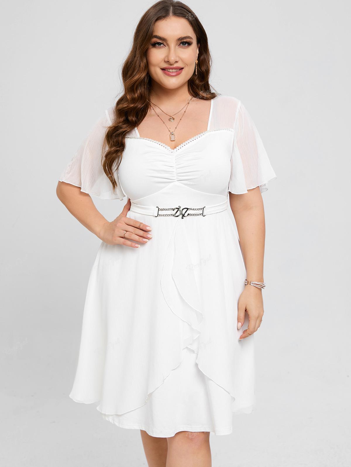 Lace Trim Ruched Flounce Flutter Sleeves A-Line Dress