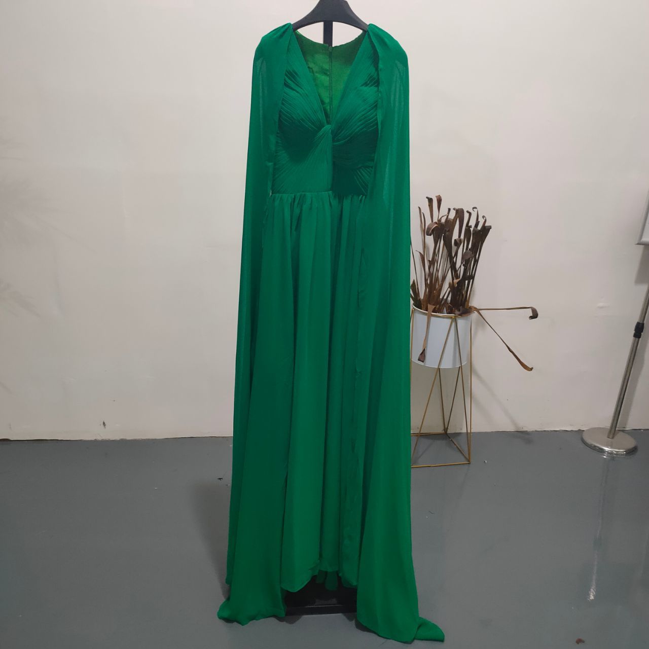 Deep V-Neck High Waist Long Sheer Slit Sleeve Thigh Slit Maxi Dress