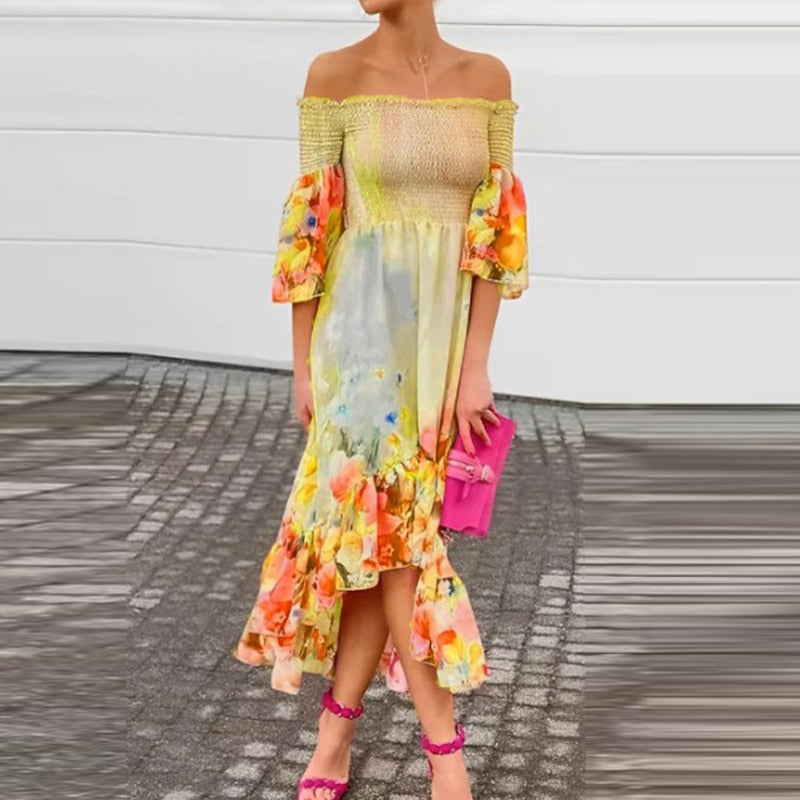 Lotus Sleeve Off-Shoulder Printed Pleated Dress