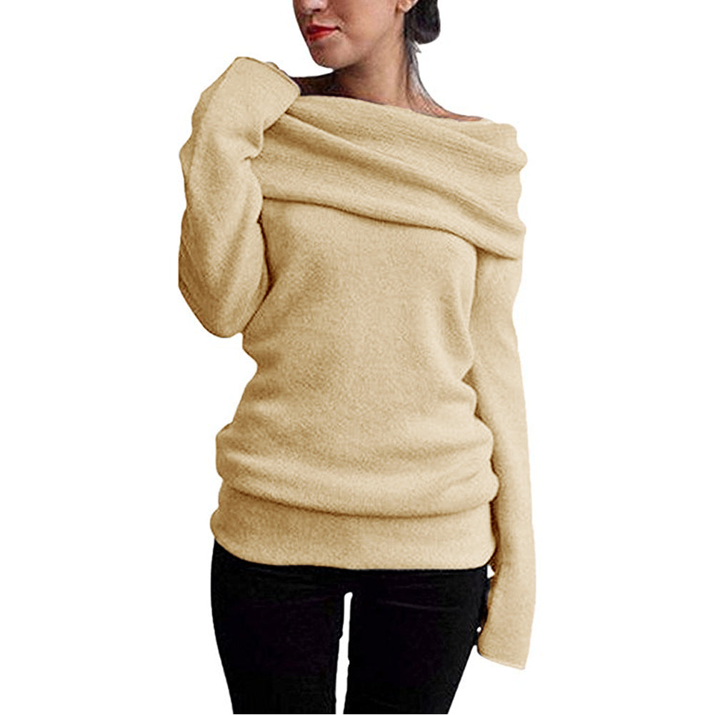 Anself Women Off Shoulder Cowl Neck Long Sleeve Knit Pullover Knit Top Sweater