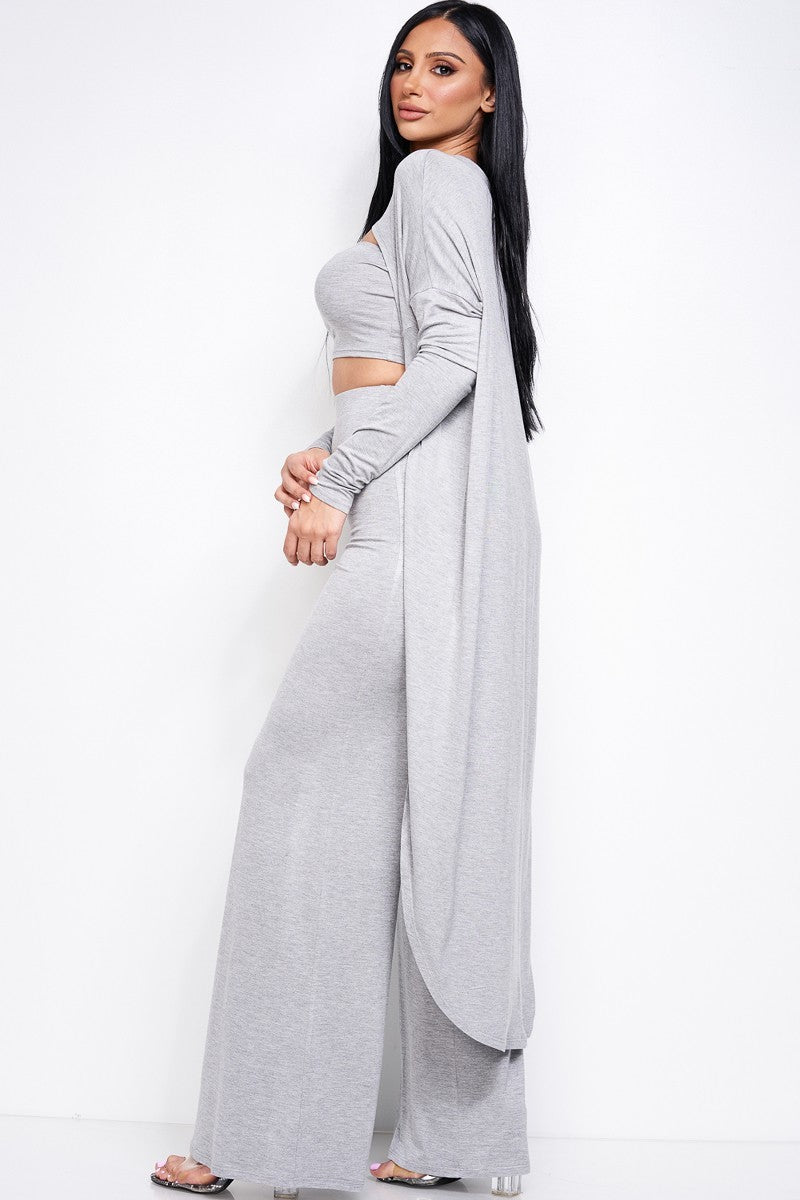 Rayon Spandex Tube Top, Long Sleeve Cape Top And Wide Leg Pants 3 Piece Set