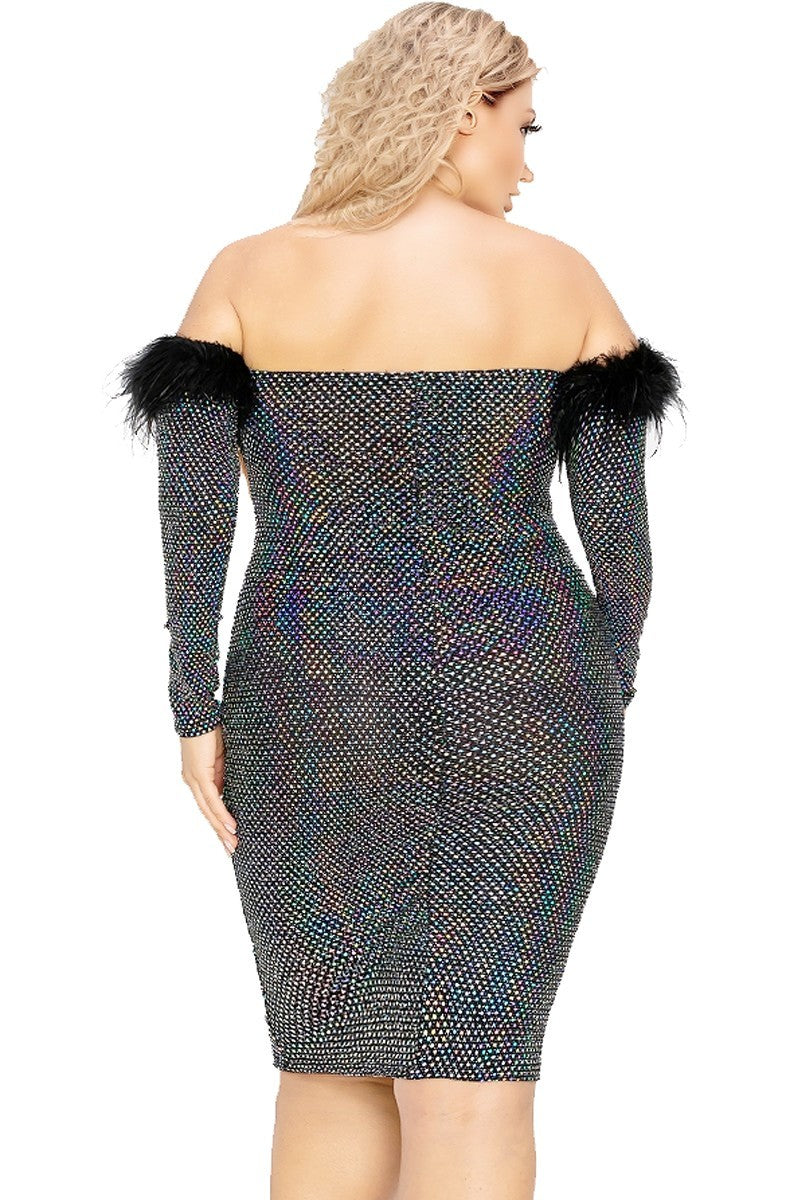 Off Shoulder Feather Trim Detail Sequin Dress