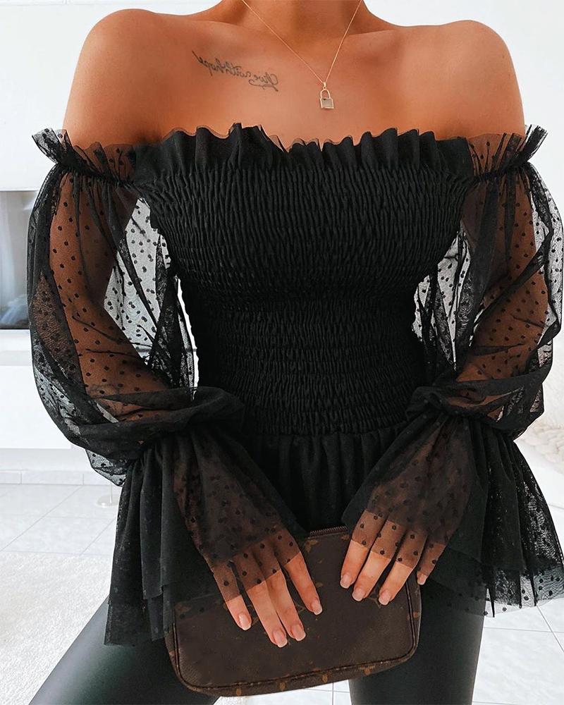 Off Shoulder Mesh Flare Sleeve Sheer Long Sleeve Lace Frill Blouse