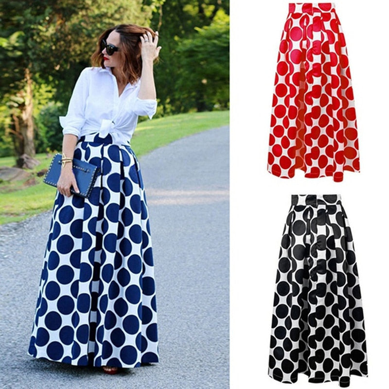 A-Line Long Elegant French Style Retro High Waist Polka Dot Skirt
