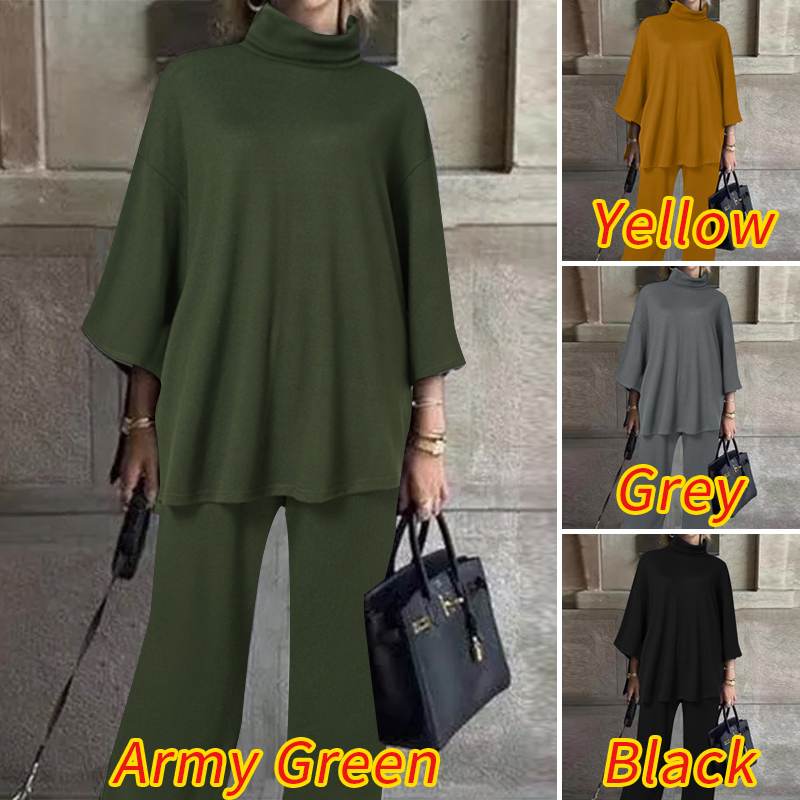 Casual Solid High Collar 3/4 Sleeve Top & Wide Leg Pants Set