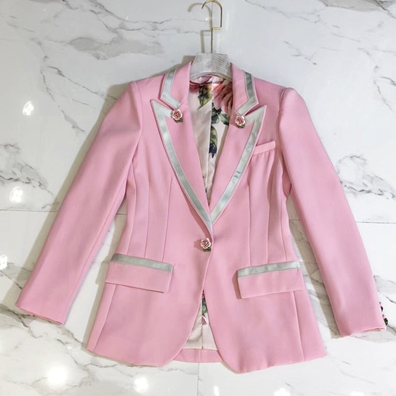 Long Sleeve Floral Lining Rose Buttons Pink Blazer