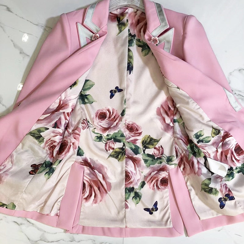 Long Sleeve Floral Lining Rose Buttons Pink Blazer
