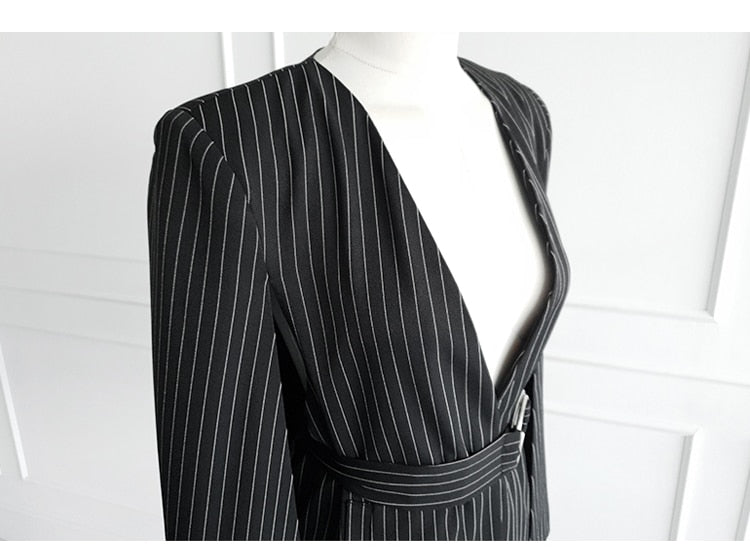 V Neck Stripe Shawl Cloak Sleeve Blazer & Full Length Pants Suit