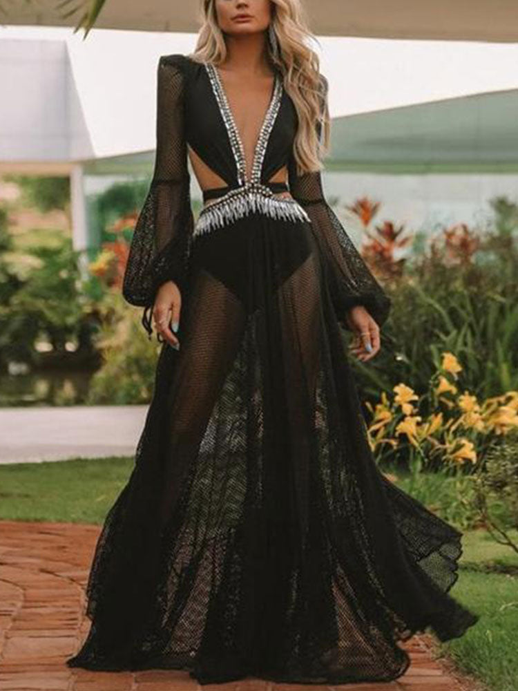V-Neck Backless Hollow Out Lantern Sleeve Maxi Dress