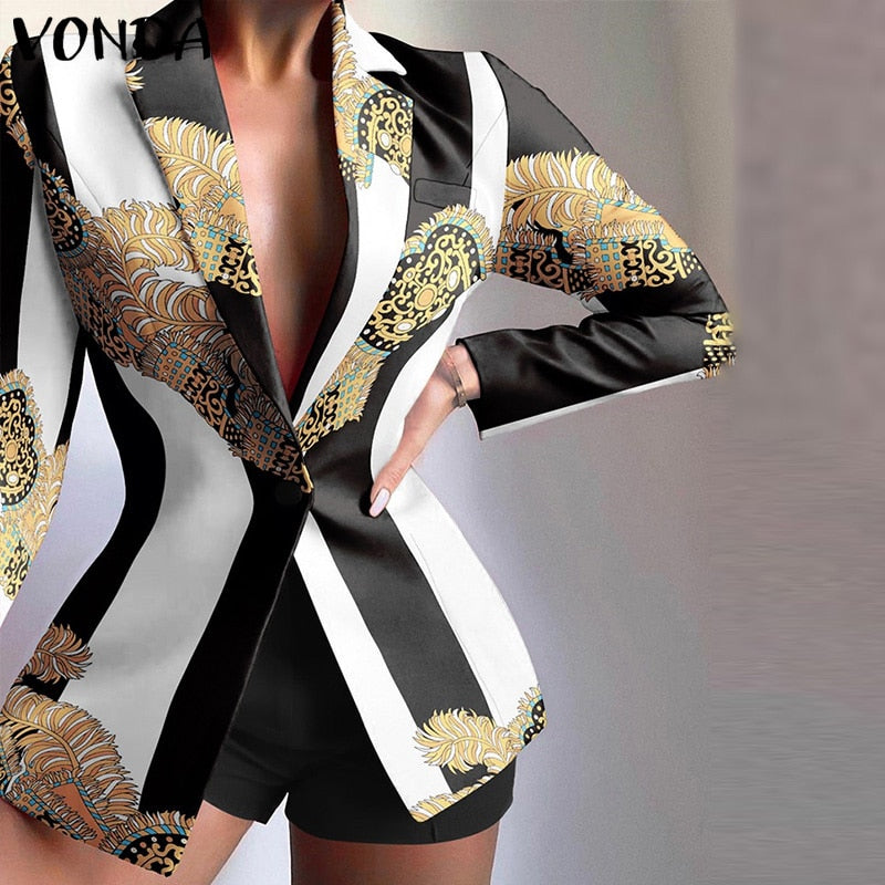Printed Pleated Lapel Button Up Blazer