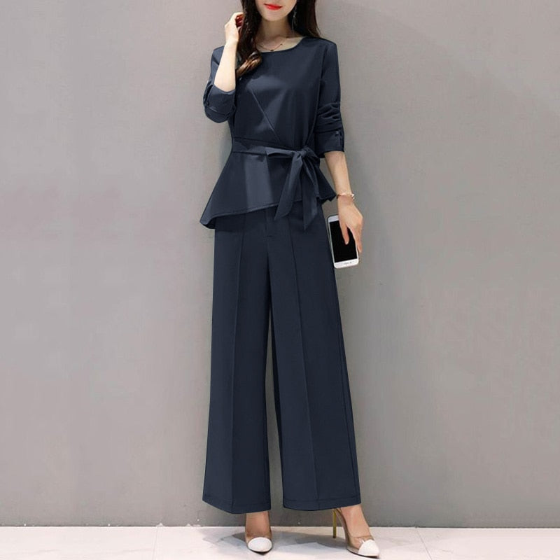 Lace-Up Matching Long Sleeve O-Neck Blouse And Wide Leg Pants Set