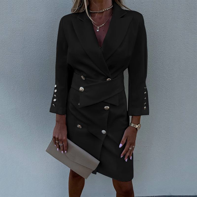 Solid Blazer Lapel Buttons Belted Dress