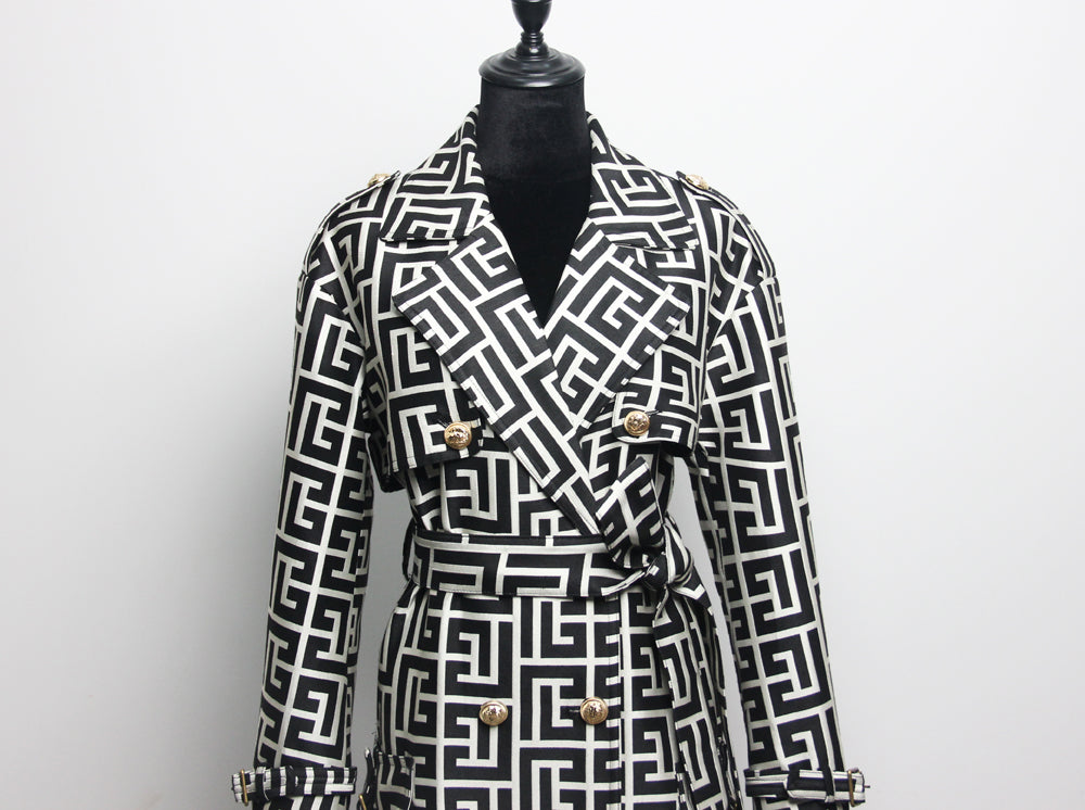 Print Belted Mandarin Collar Double-sided Hepburn Mid-length Trench Coat