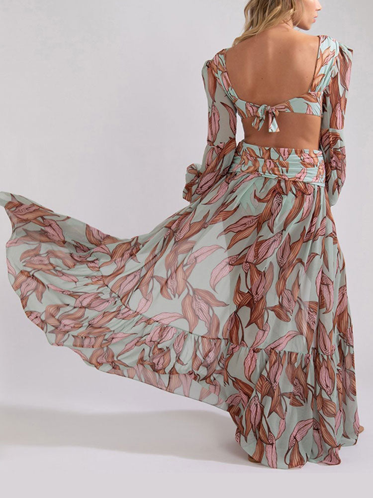 V-Neck Backless Hollow Out Lantern Sleeve Maxi Dress