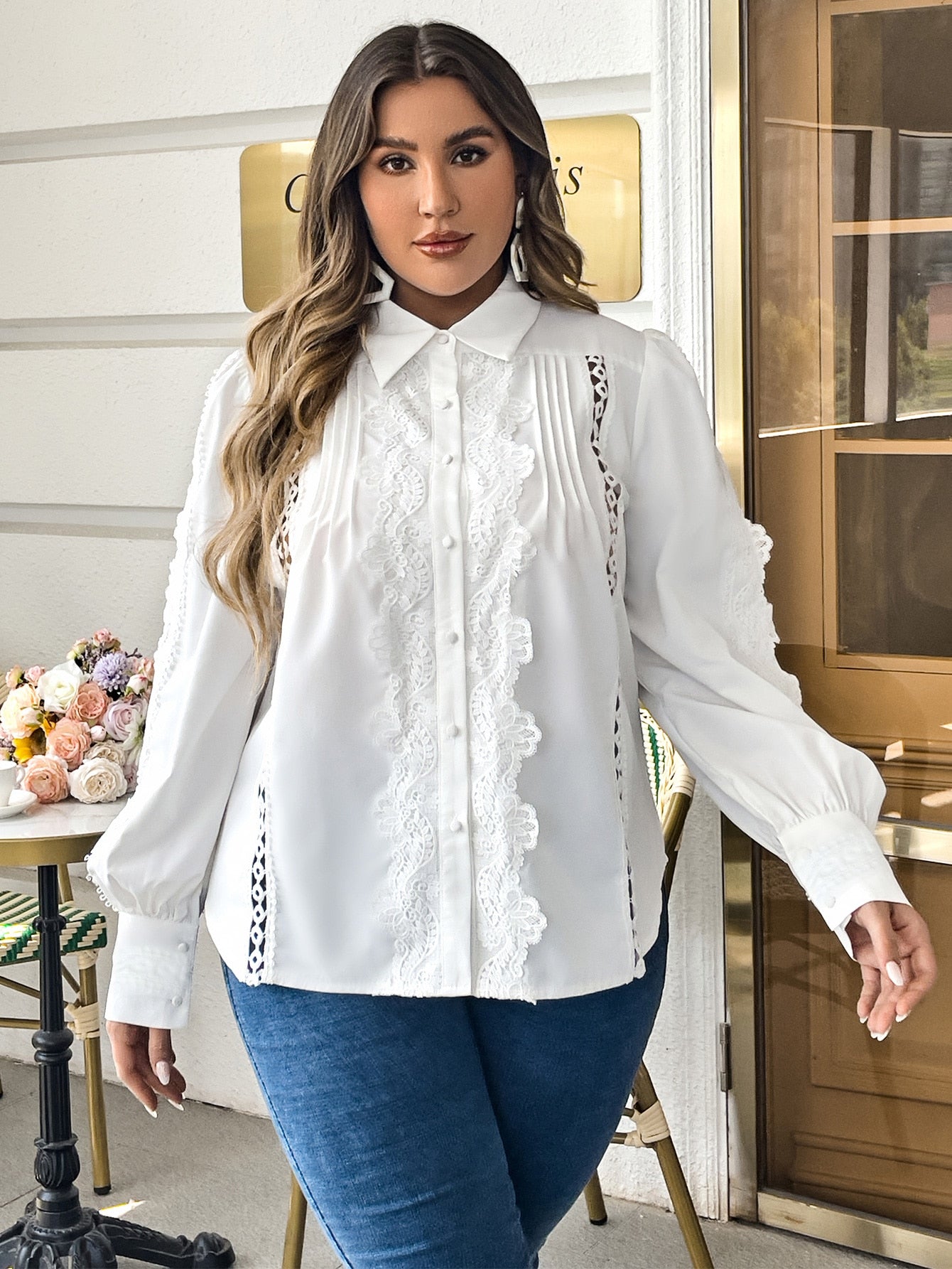 Lace Long Sleeve White Lace Lantern Sleeve Hollow Out Blouse