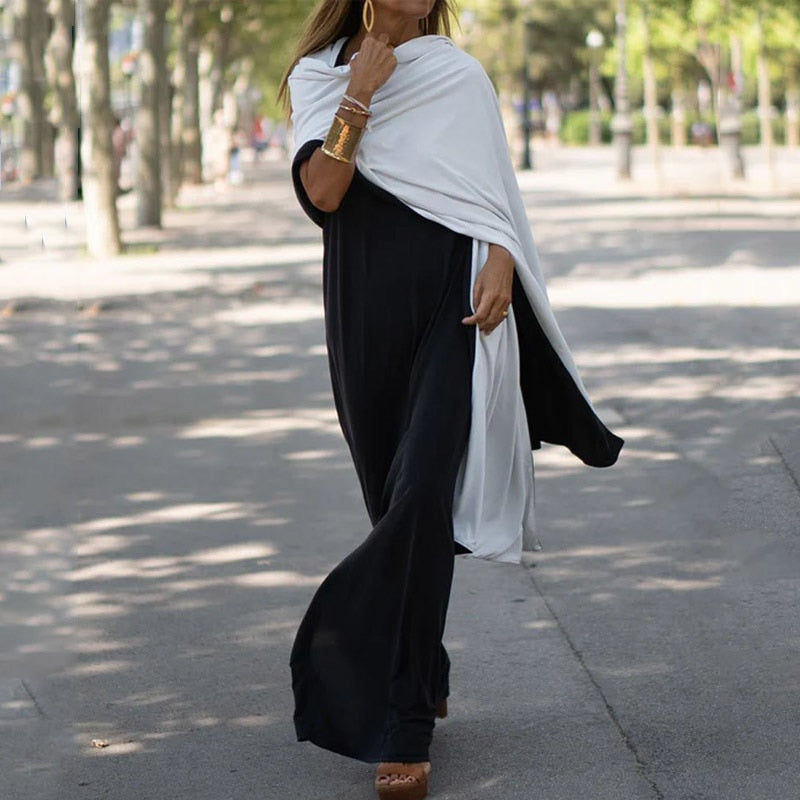 One-Shoulder Full Sleeve Solid Slit Loose Maxi With Scarf