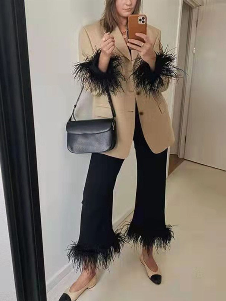 Feather Trim Two Piece Long Sleeve Top And Straight Pants Suits