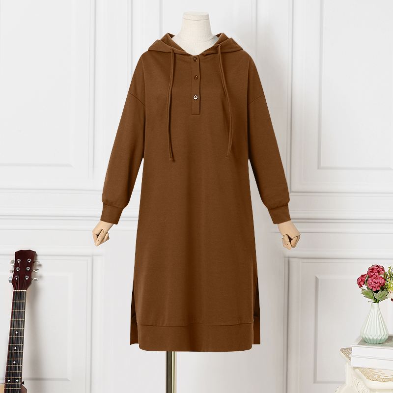 Hooded Long Sleeve Side Slit Sweatshirt Midi Dress