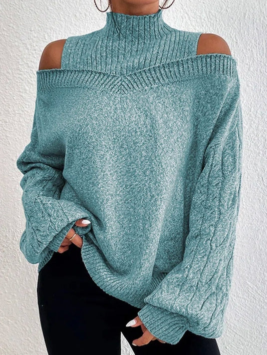 Turtleneck Knitted Off Shoulder Pullover Knitted Sweater