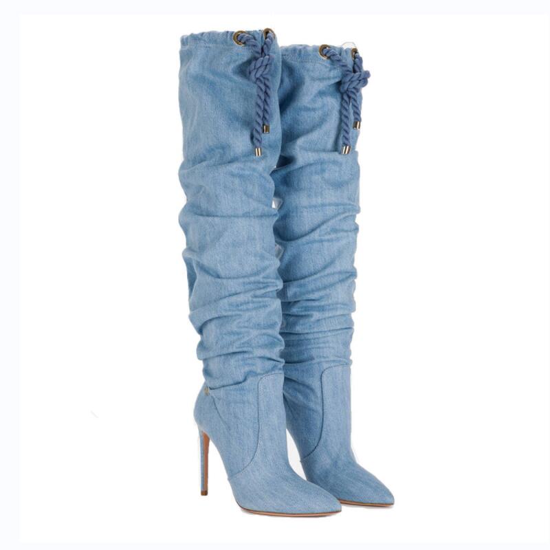 Denim Pleated Long Thin High Heel Pointed Toe Boots