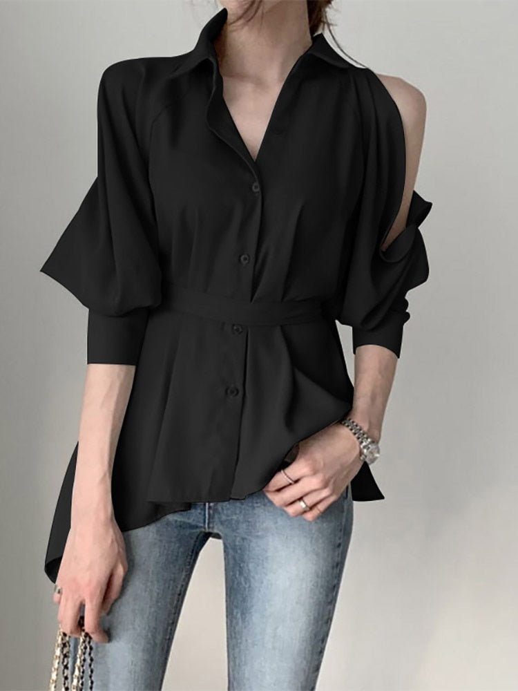 Hollow Out Puff Sleeve Tunic Belted Pleated Blouse
