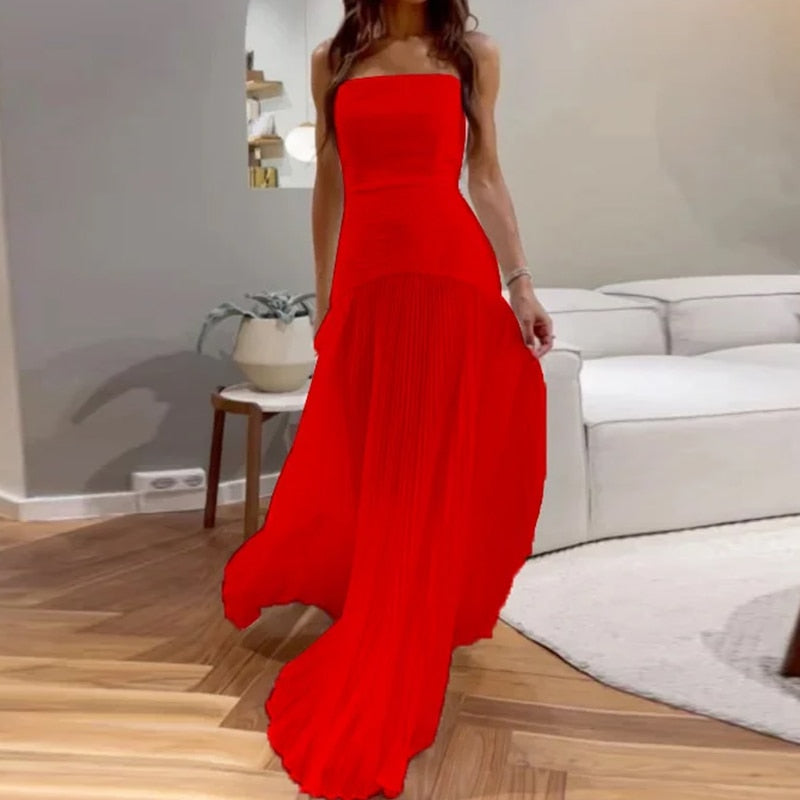 Strapless Pleated Solid Sleeveless Nipped Waist Evening Maxi Dress