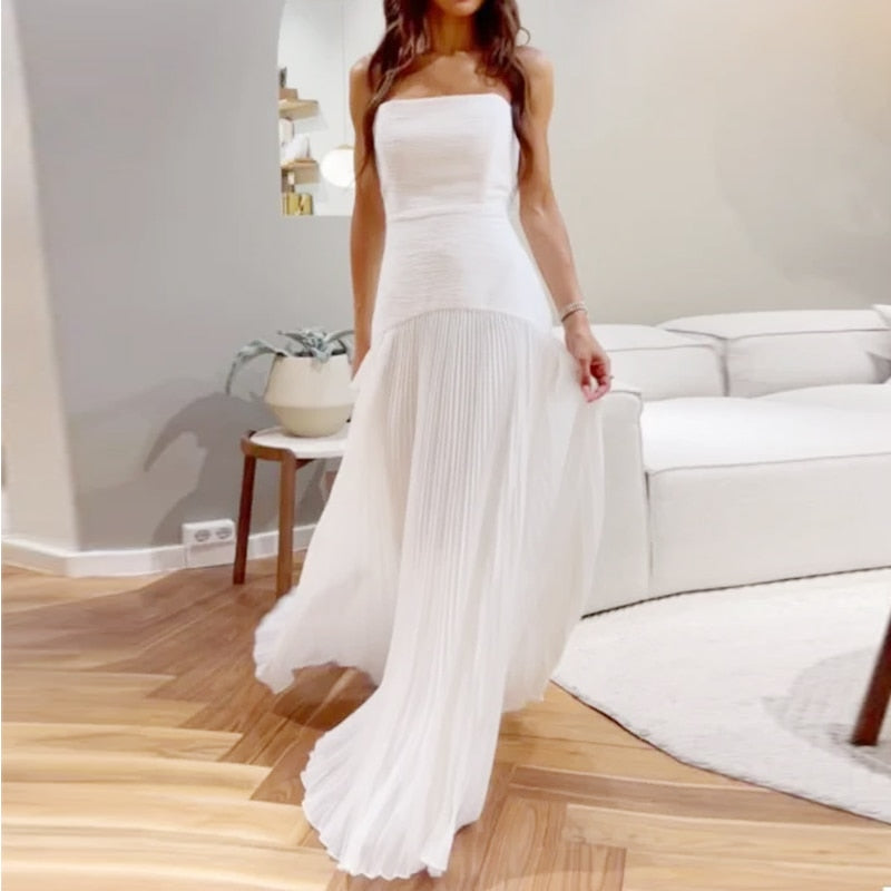 Strapless Pleated Solid Sleeveless Nipped Waist Evening Maxi Dress