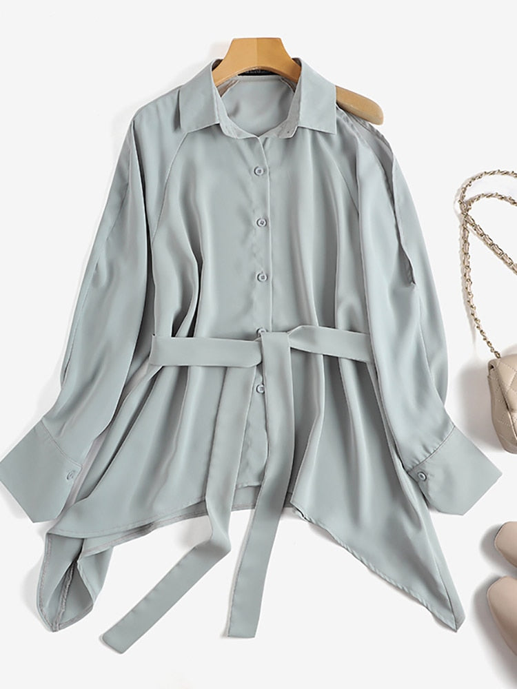 Hollow Out Puff Sleeve Tunic Belted Pleated Blouse