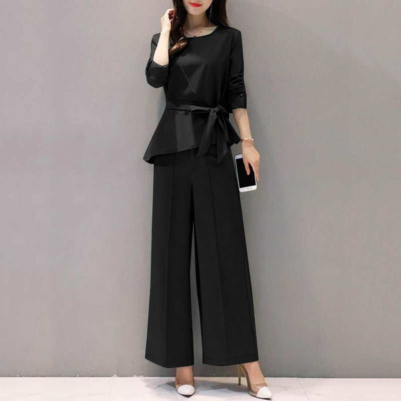 Lace-Up Matching Long Sleeve O-Neck Blouse And Wide Leg Pants Set