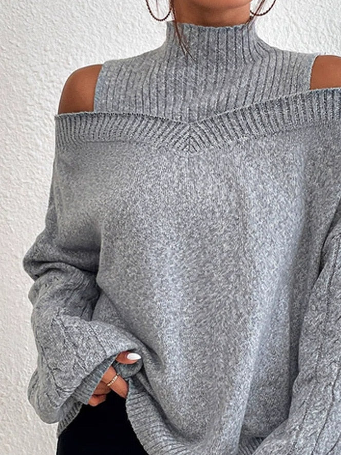 Turtleneck Knitted Off Shoulder Pullover Knitted Sweater